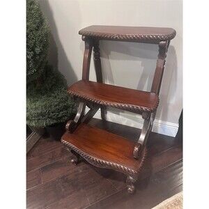 Vintage 3-Tier Mahogany Display Library Step Hand Carved Rope Edge Scrolls